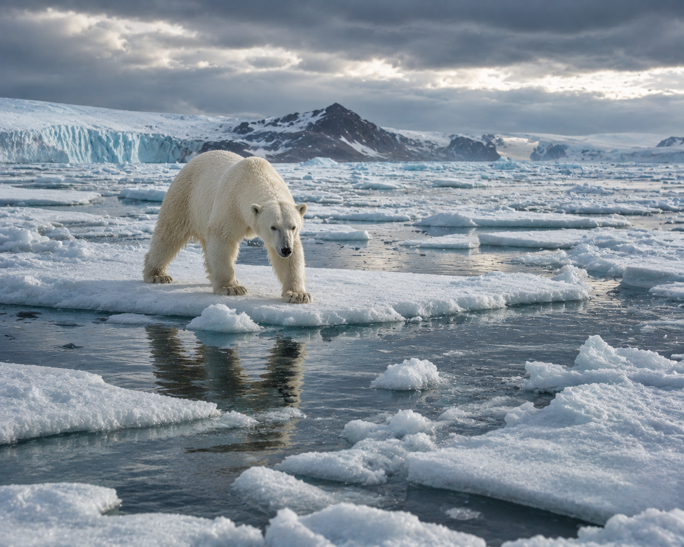 Polar bear crossing fragmented Arctic sea ice surrounded by open water.