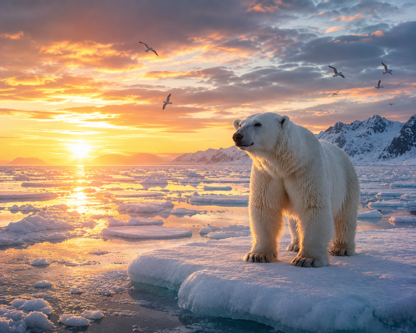 Polar bear standing on Arctic sea ice during a golden sunset.