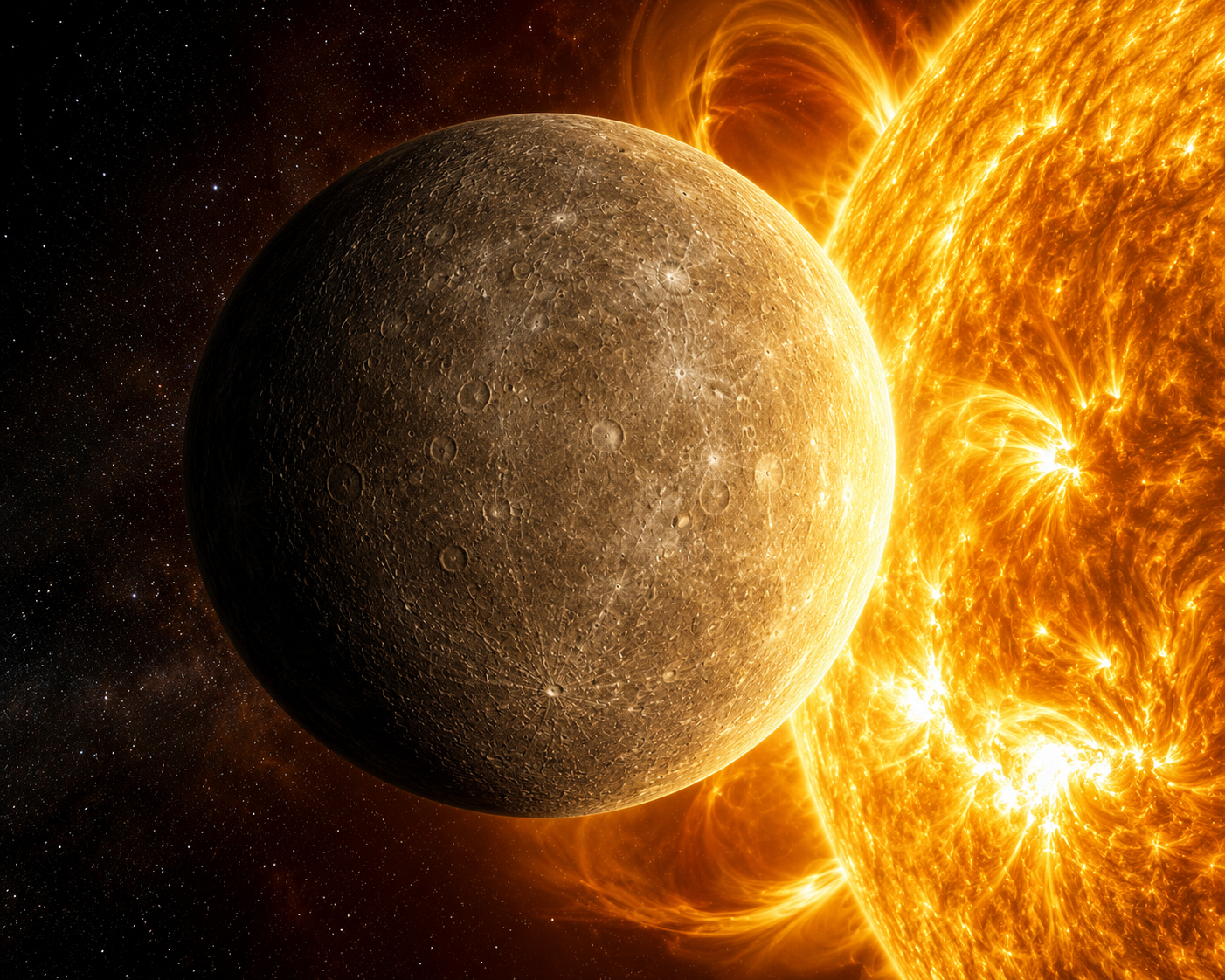 Planet Mercury orbiting close to the Sun with its cratered surface illuminated by sunlight.