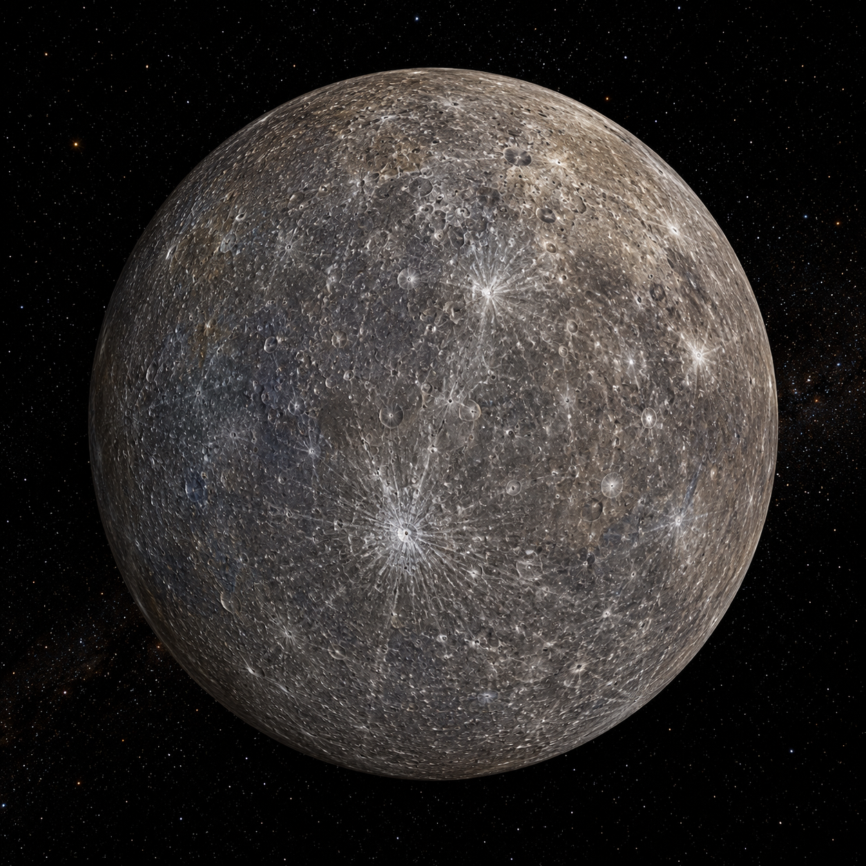Full view of Mercury showing its cratered rocky surface in space.