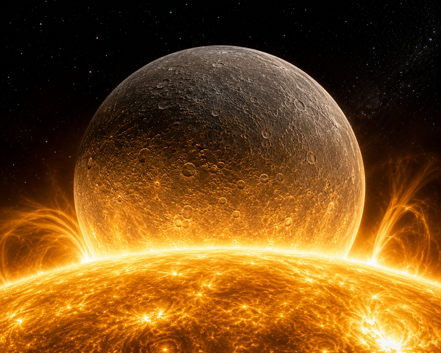 Sunrise over Mercury's cratered horizon with the blazing Sun dominating the sky.