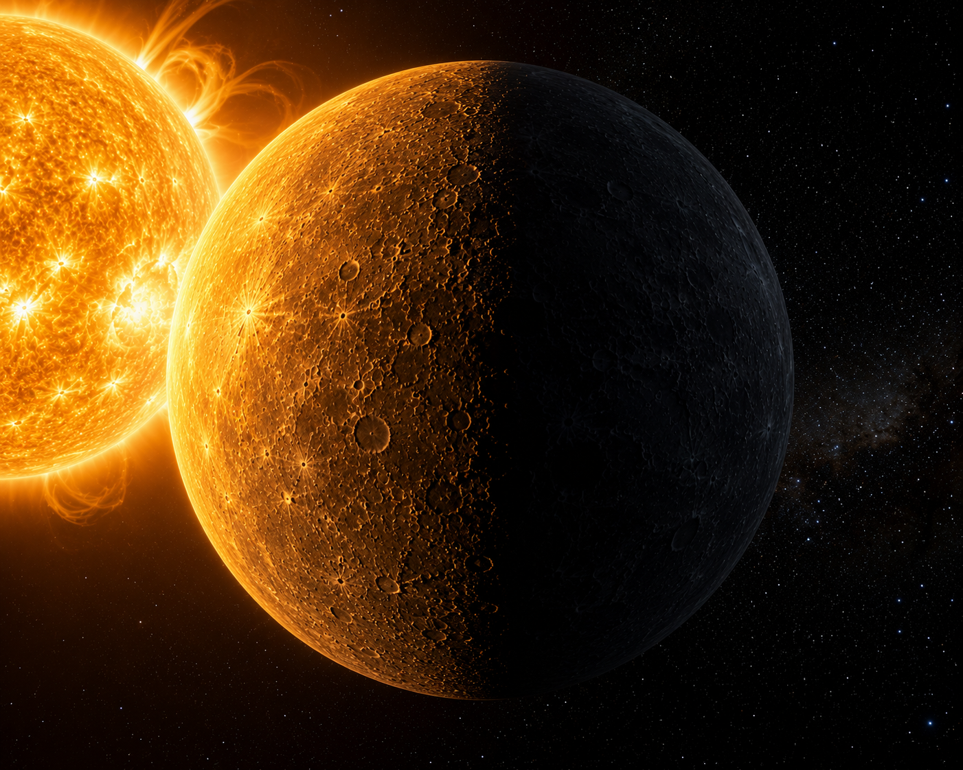 Mercury showing its scorching daytime side and freezing nighttime side.