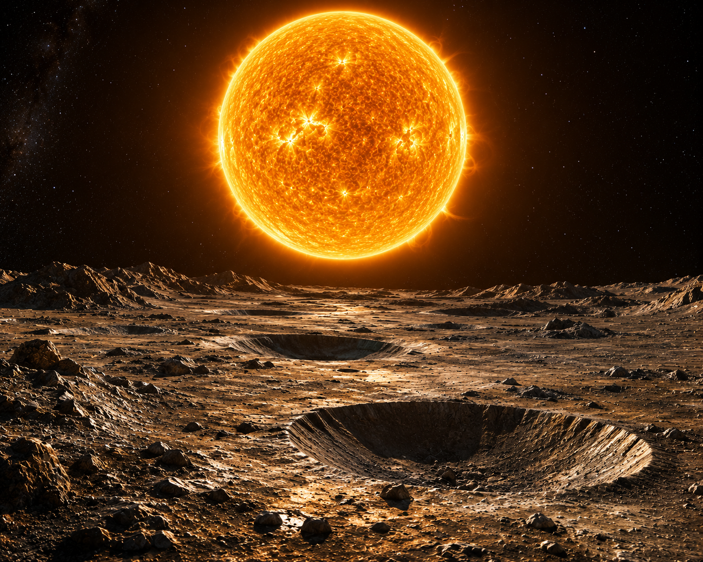 View from Mercury's surface showing the enormous Sun above its cratered landscape.