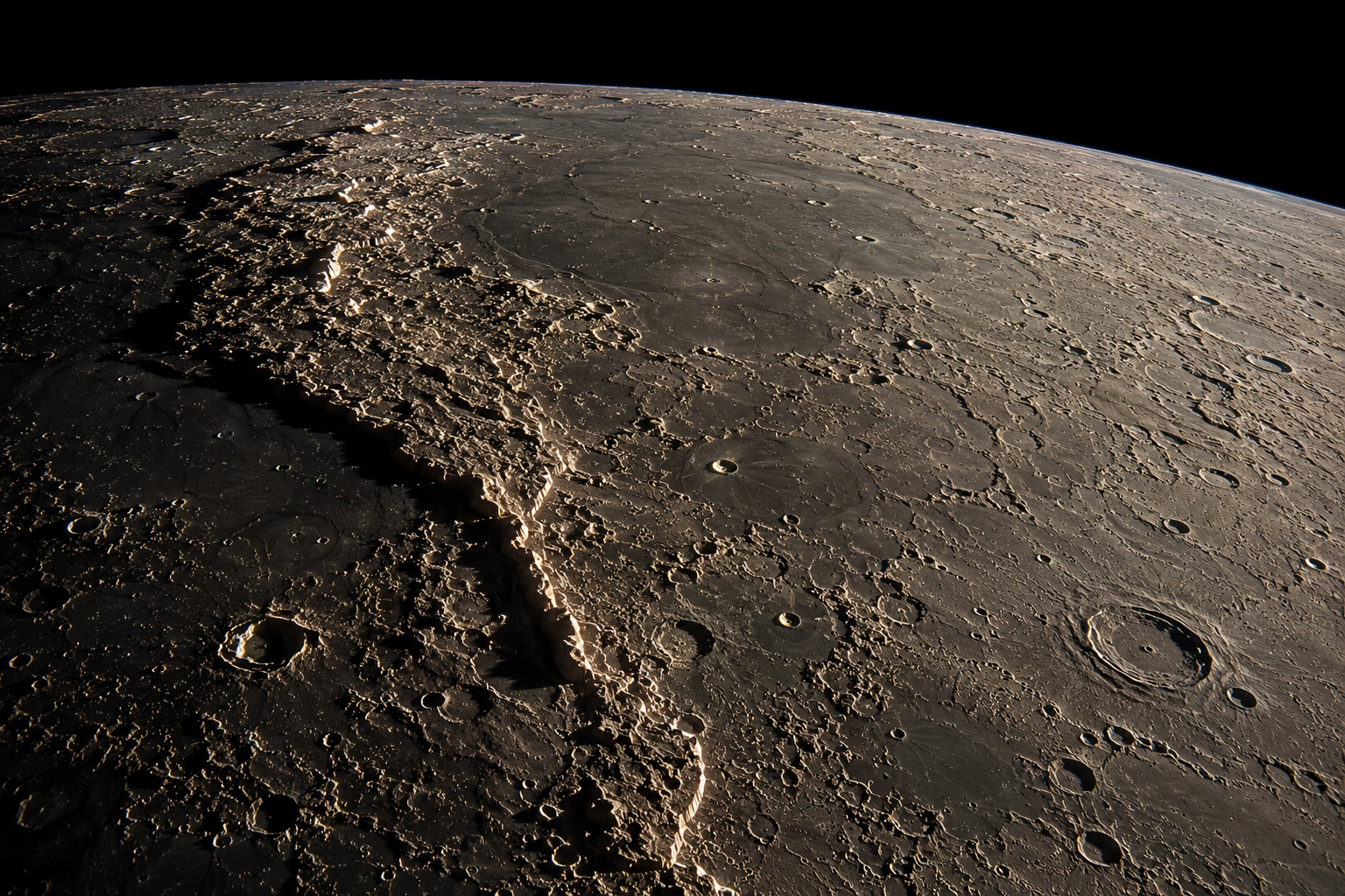 Mercury's rugged surface showing giant cliffs, craters, and ancient volcanic plains.