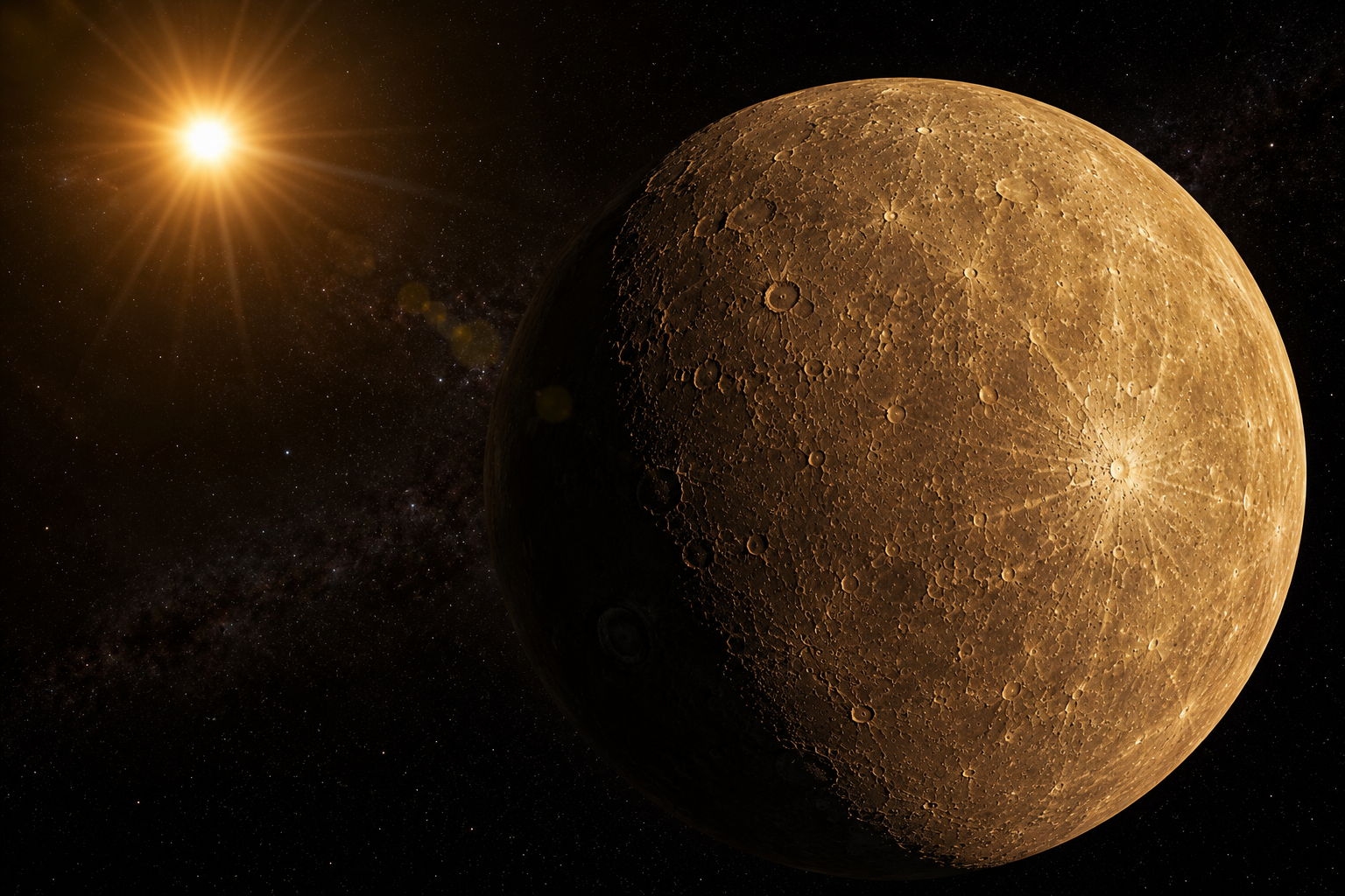 Mercury illuminated by the Sun against the backdrop of deep space.
