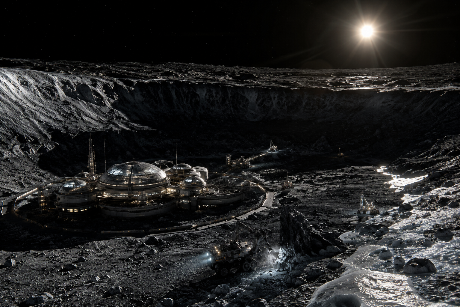Concept of a future scientific research station inside a permanently shadowed crater on Mercury.
