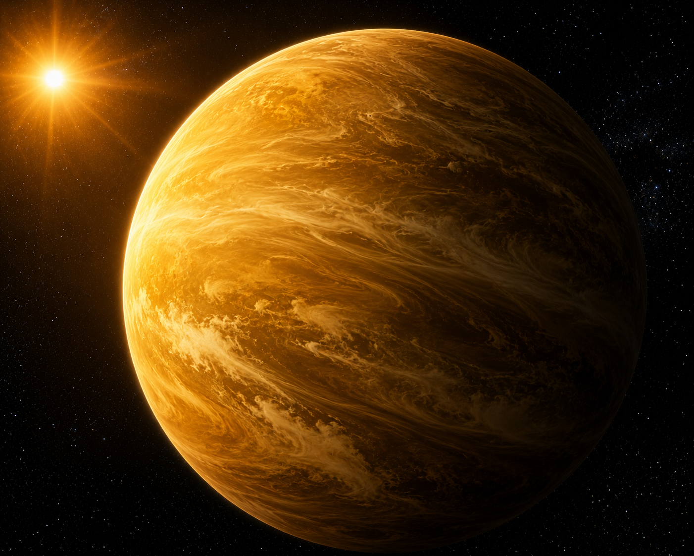 The planet Venus covered by its thick golden cloud layer in space.