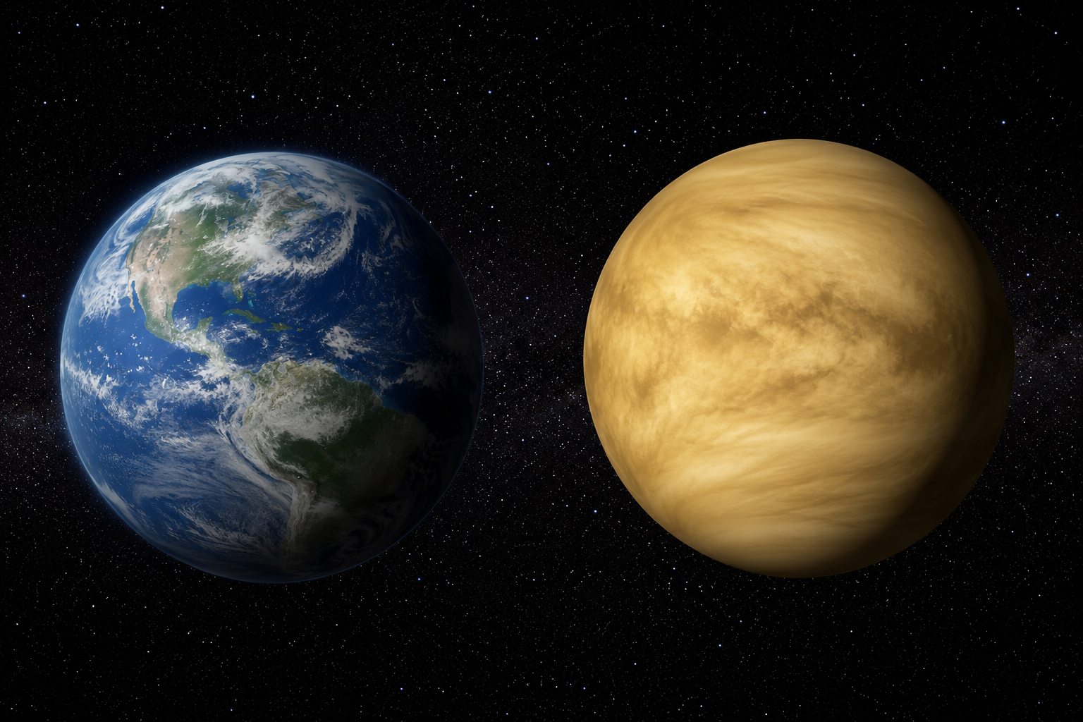 Earth and Venus shown side by side for a size comparison.