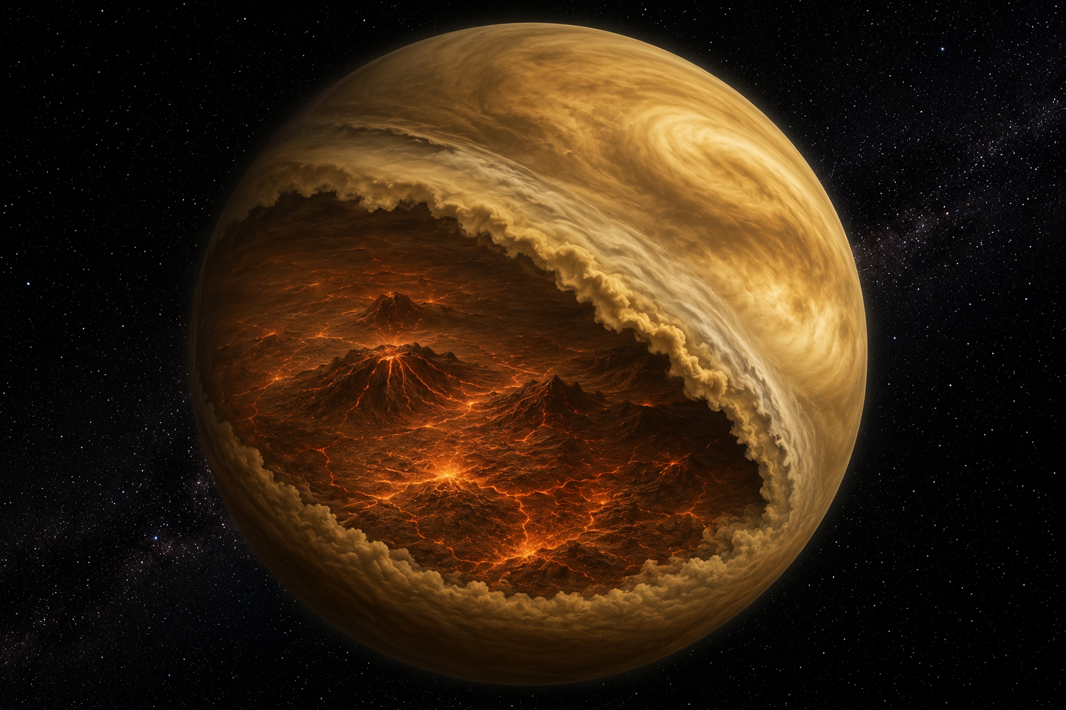 Illustration showing Venus's thick cloud layer covering its hidden volcanic surface.
