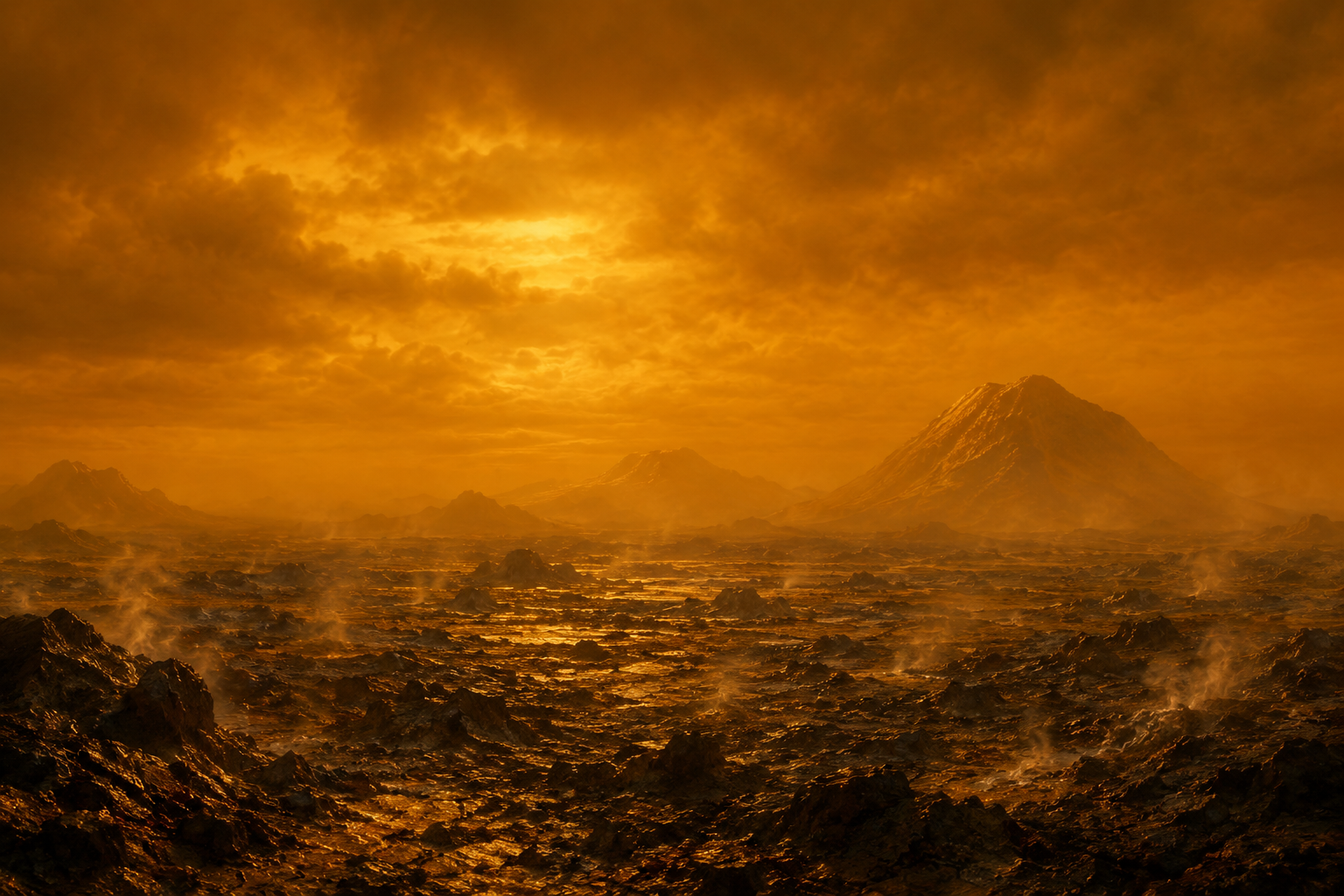 The scorching surface of Venus beneath its dense carbon dioxide atmosphere.