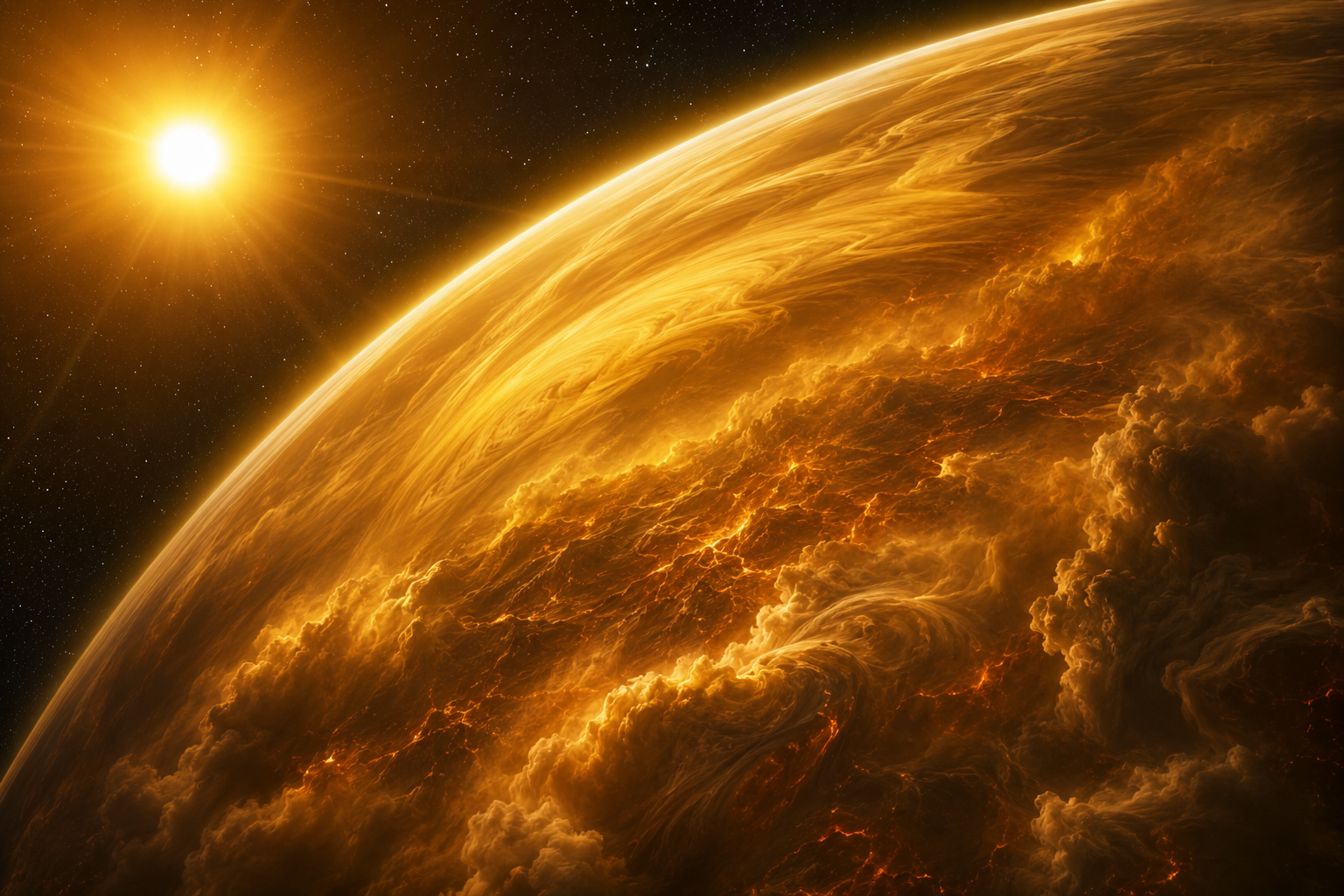 Venus showing its dense atmosphere trapping enormous amounts of heat.