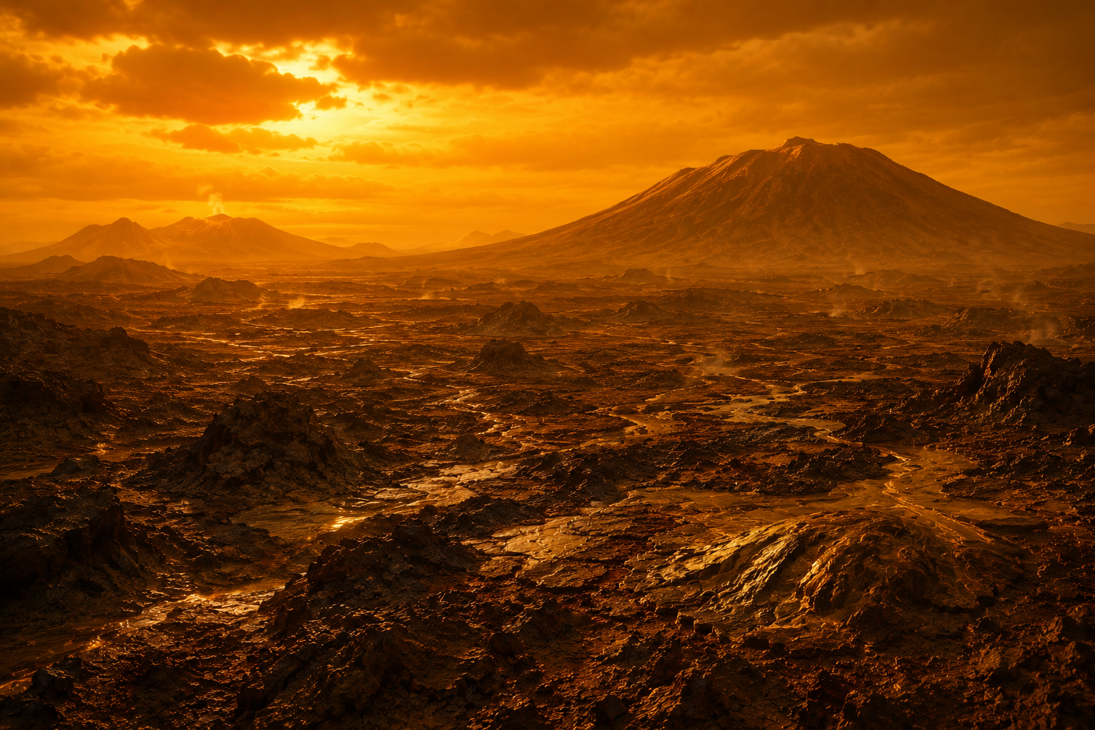 Volcanic plains and shield volcanoes on the surface of Venus beneath its dense atmosphere.