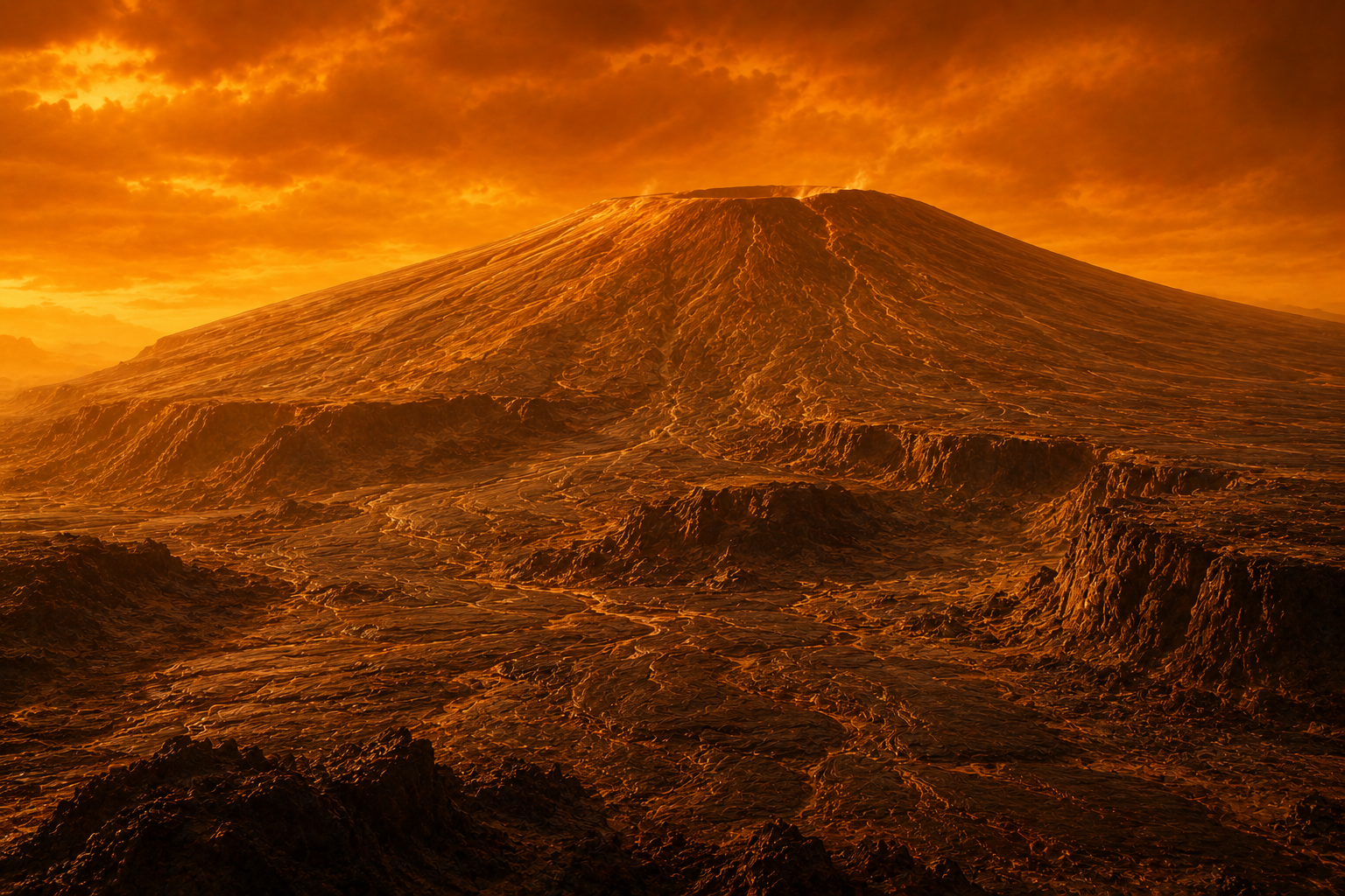 A giant shield volcano rising above the volcanic plains of Venus.