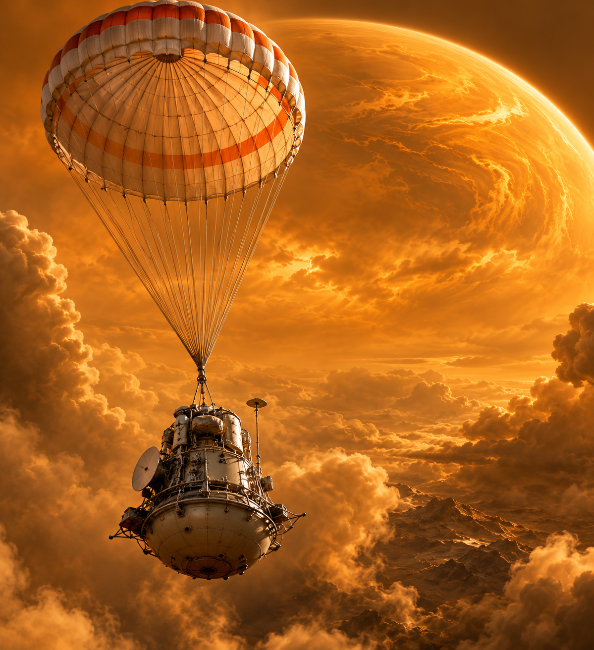 The Venera 13 spacecraft descending through the atmosphere of Venus.