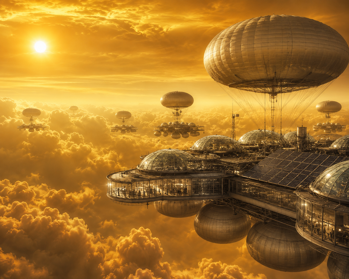 Concept of a floating research station high in the atmosphere of Venus.