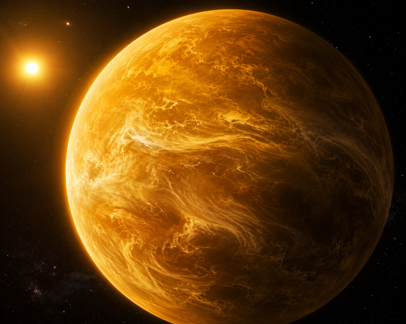 The planet Venus glowing with its dense golden atmosphere in deep space.