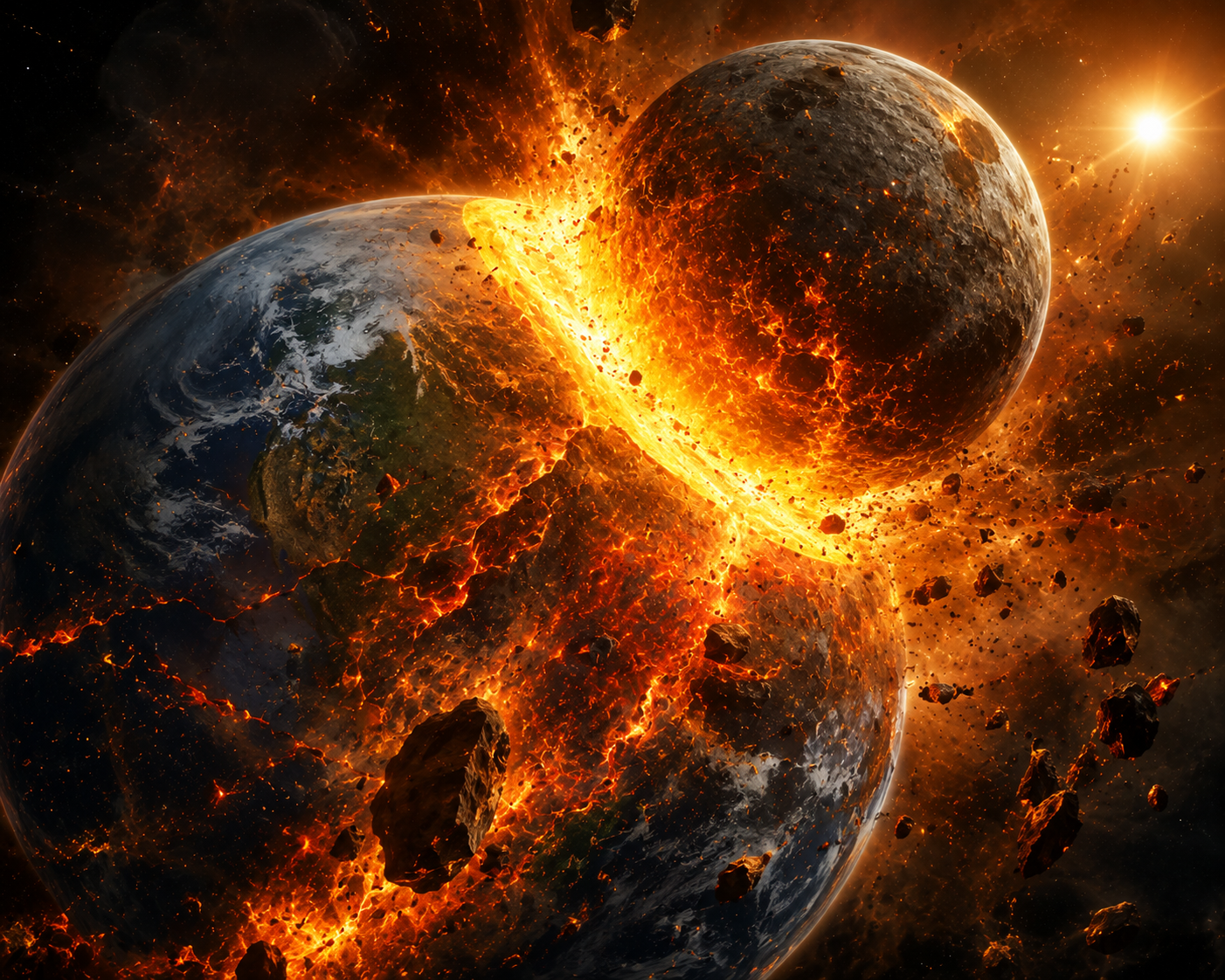 Artistic visualization of the giant impact between Earth and Theia.