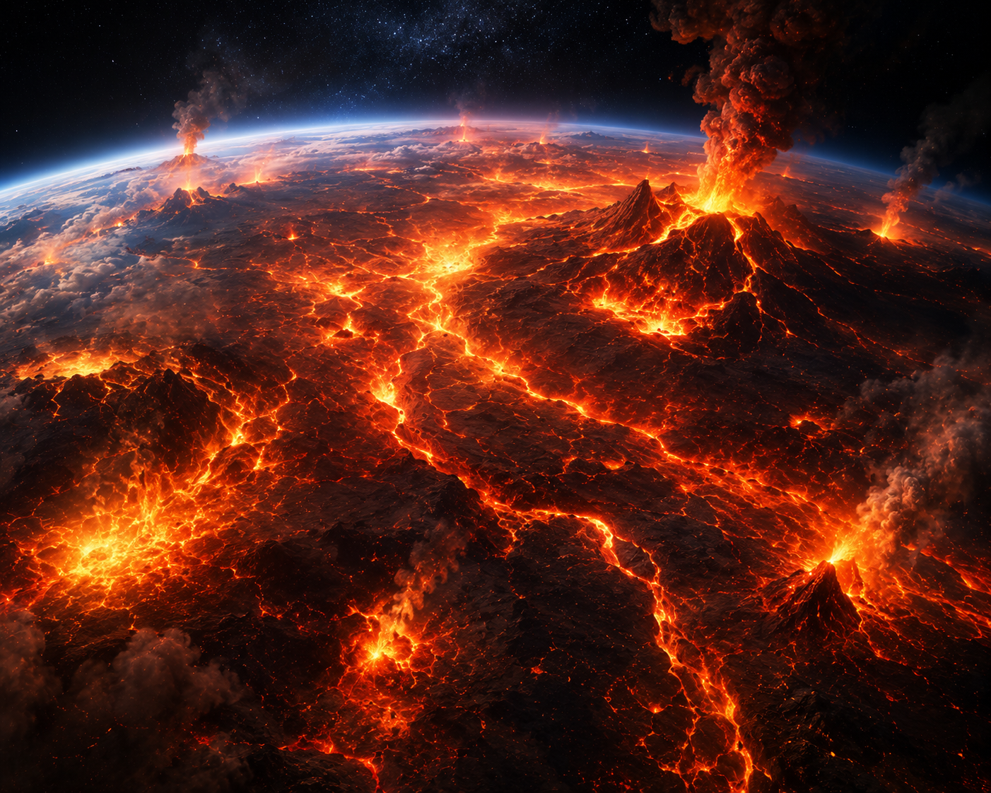 Illustration showing Earth's molten surface with intense volcanic eruptions.