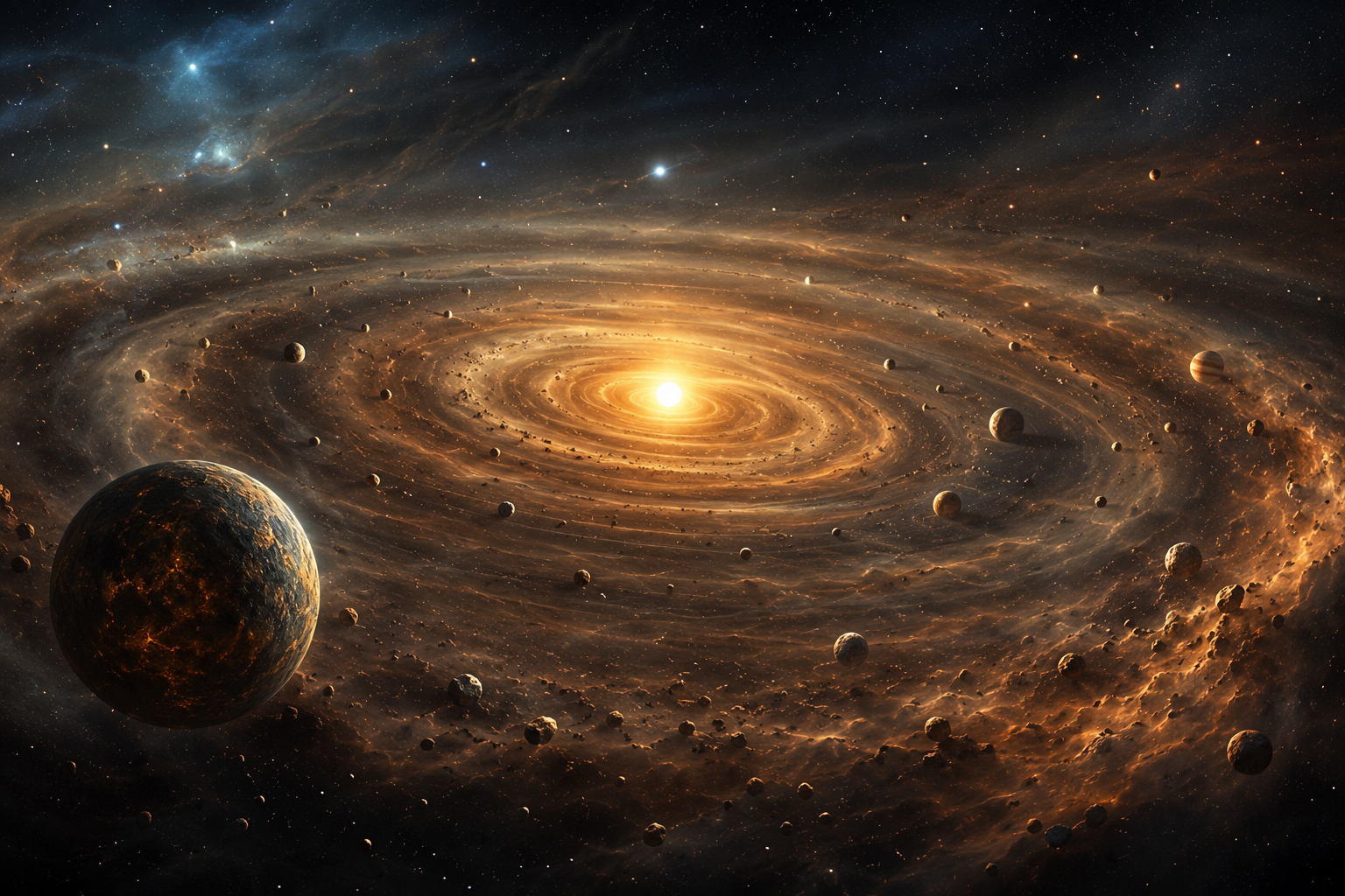 Artist's reconstruction of the early Solar System with dust, gas, and forming planets.