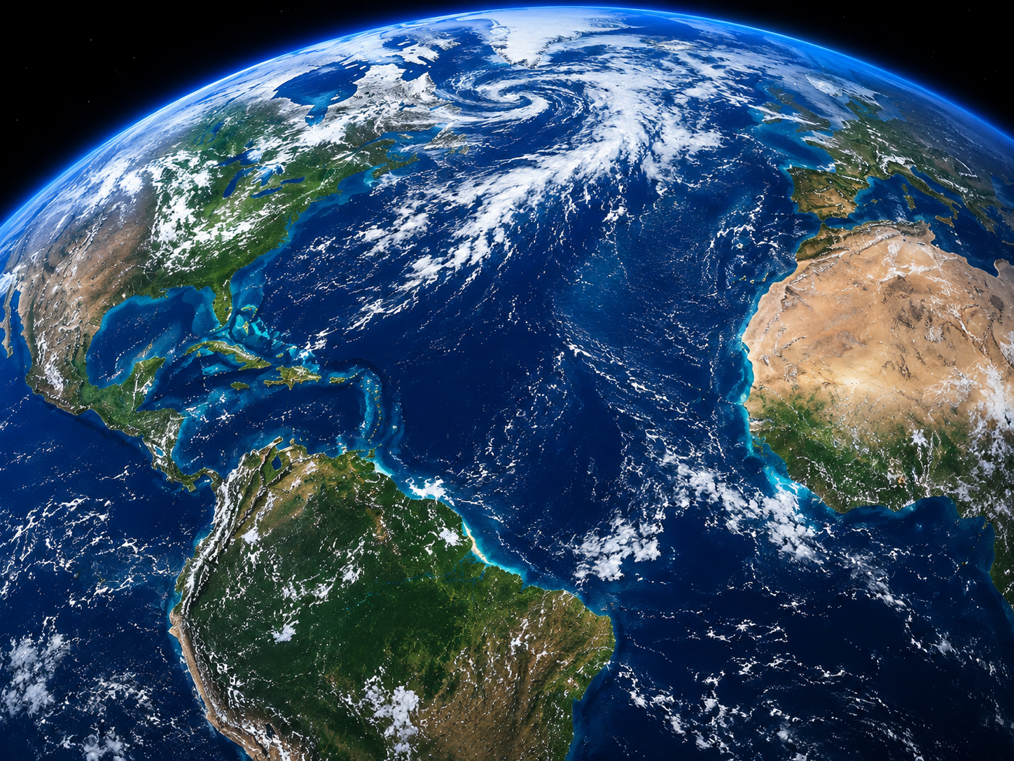 Satellite image highlighting Earth's deep blue oceans.