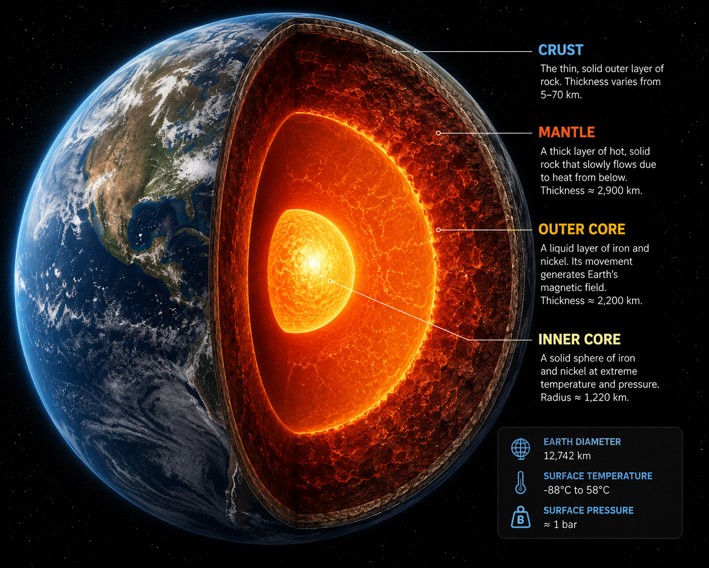 Scientific cross-section illustrating Earth's inner core, outer core, mantle, and crust.
