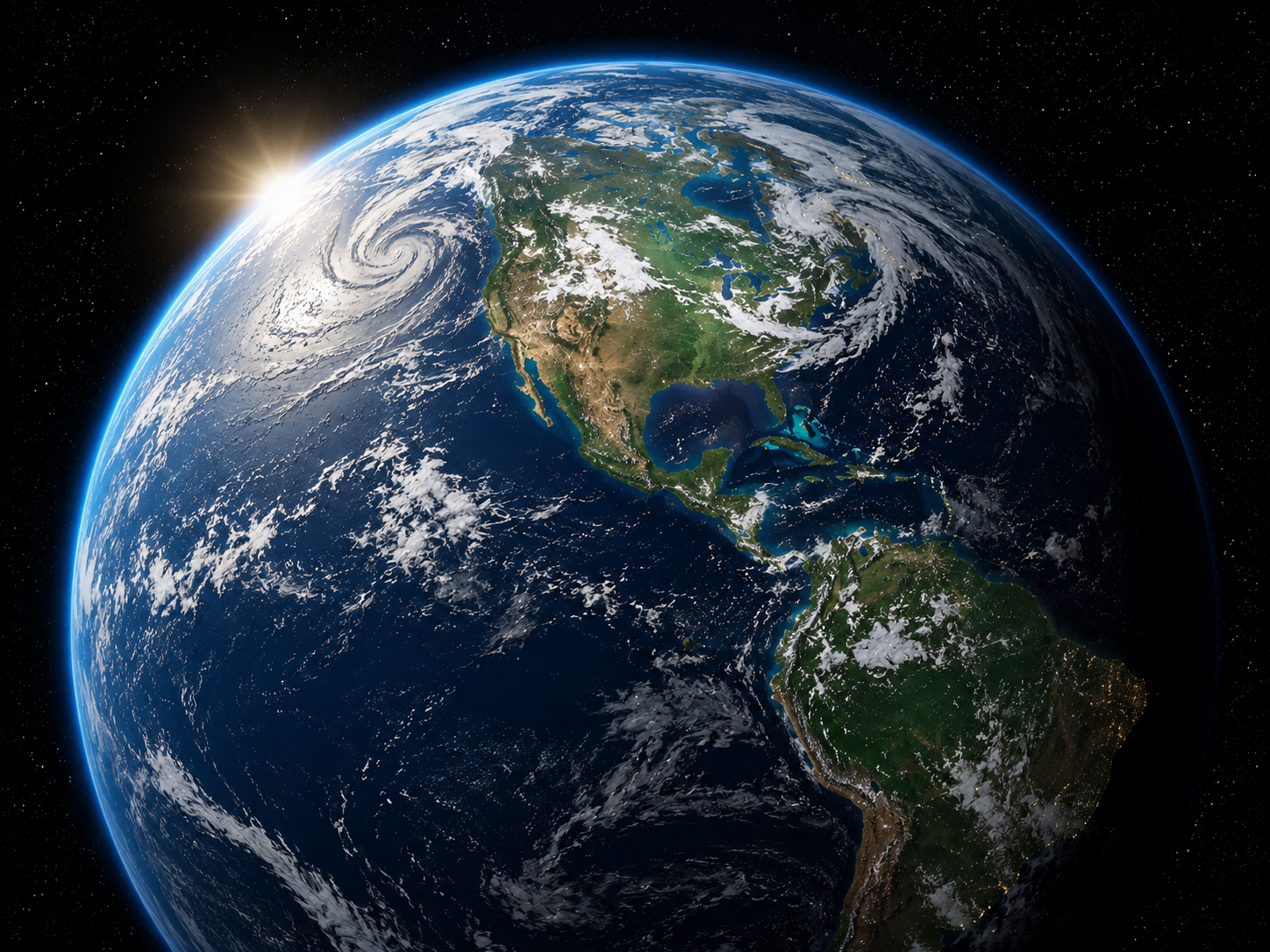Earth from orbit showing continents, oceans, and swirling cloud systems.
