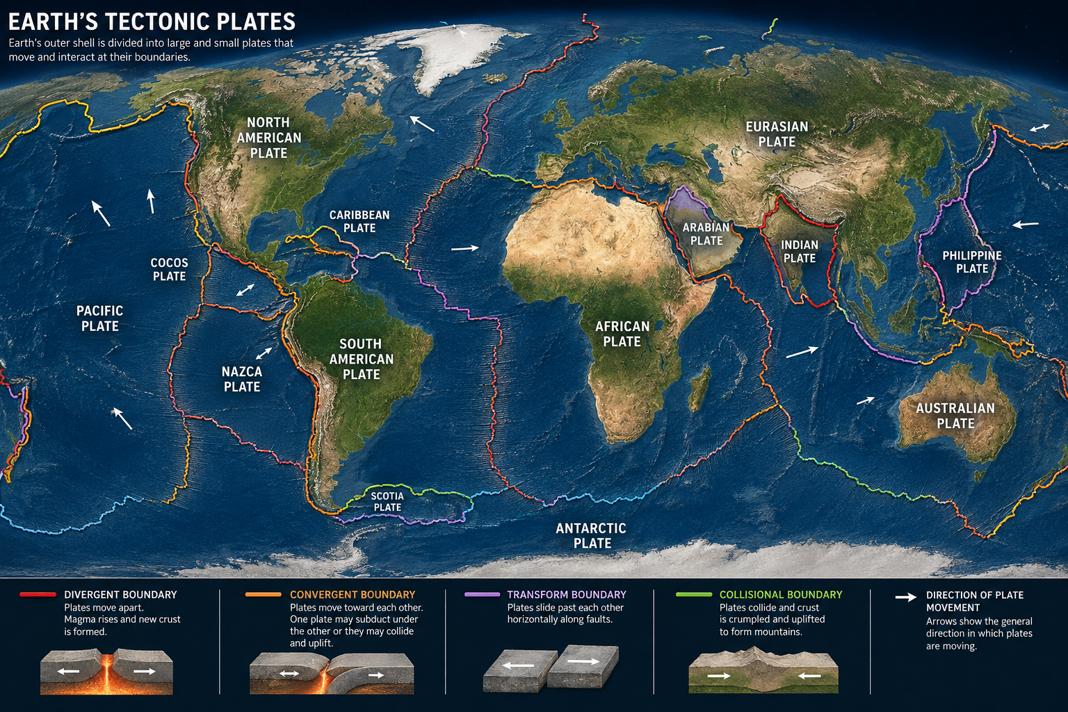 Global map showing Earth's major tectonic plates.