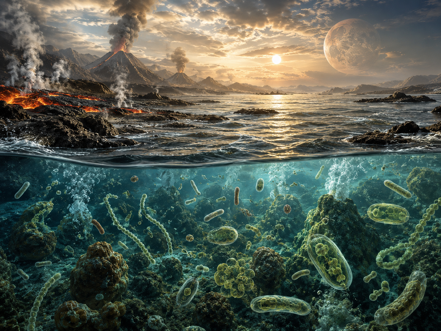 Artist's reconstruction of early Earth showing primitive oceans and the first microscopic life.