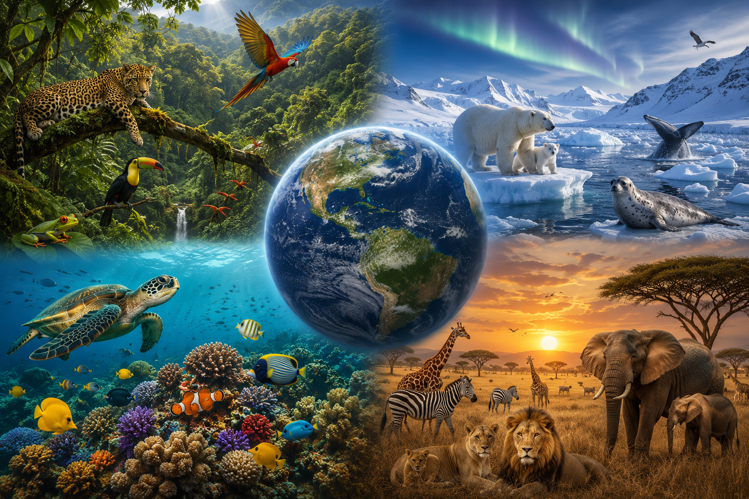 A montage of Earth's biodiversity featuring a tropical rainforest, coral reef, Arctic wildlife, and savanna landscapes.