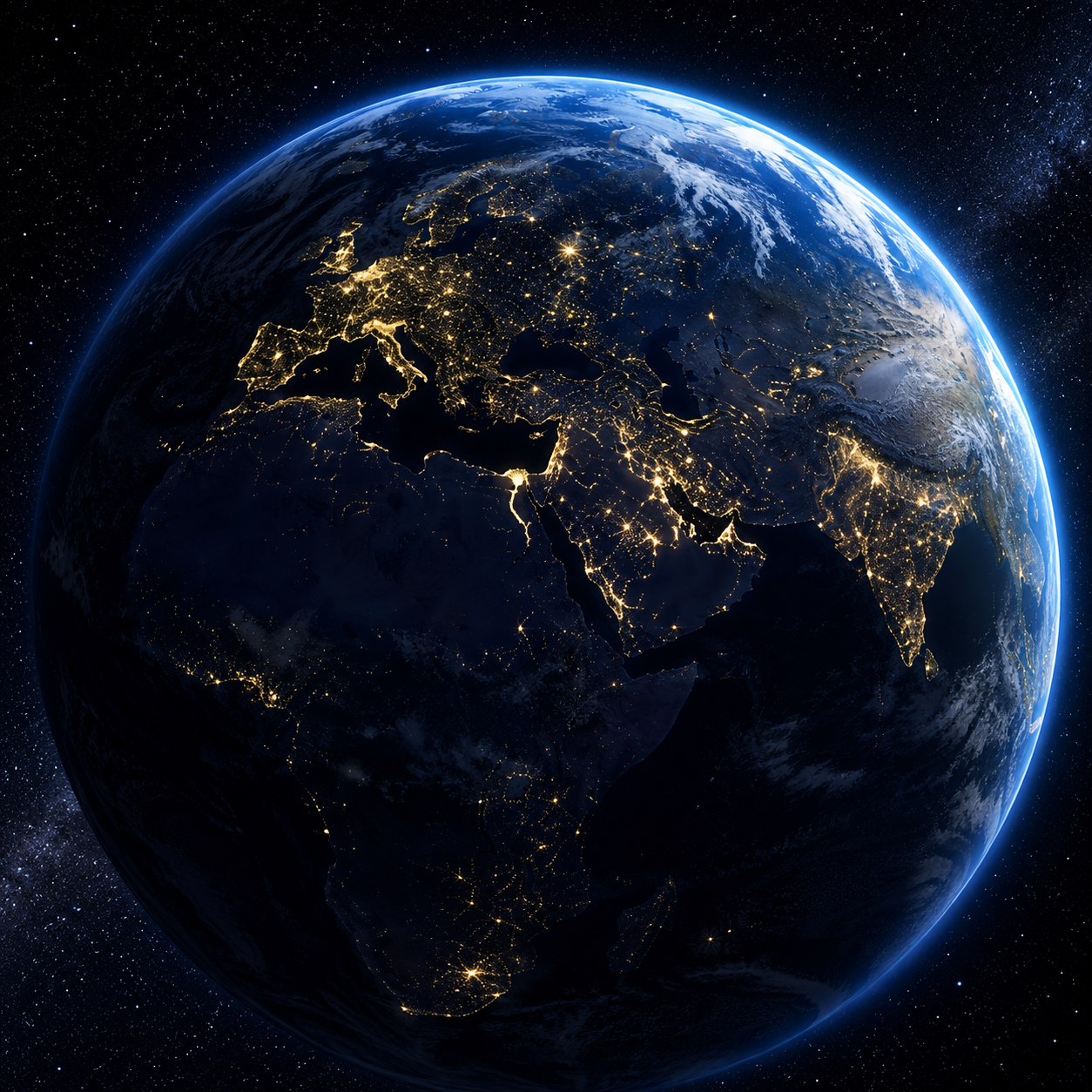 Earth viewed from space at night, illuminated by city lights and surrounded by a thin glowing atmosphere.