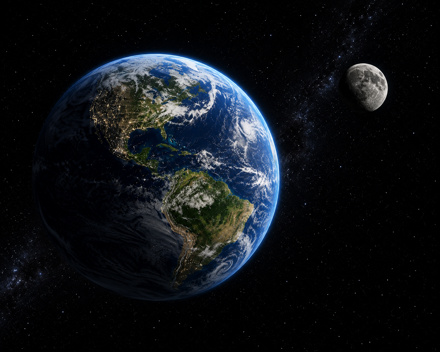 Earth suspended in the darkness of space with the Moon nearby, emphasizing the planet's uniqueness.