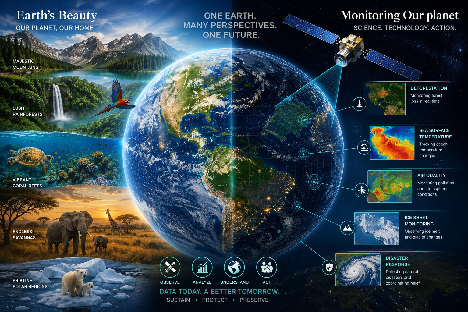 A split-scene illustration showing Earth's natural beauty alongside modern environmental monitoring from satellites.