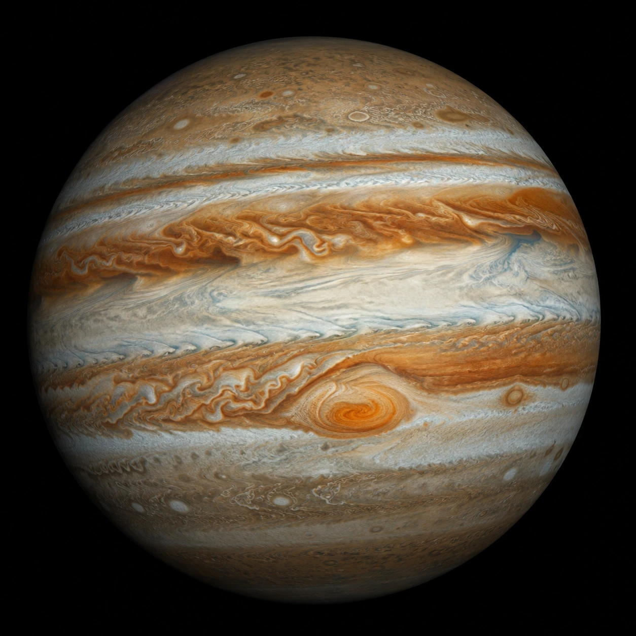 A breathtaking true-color view of Jupiter filling the frame, its colorful cloud bands and the Great Red Spot glowing against the blackness of space.
