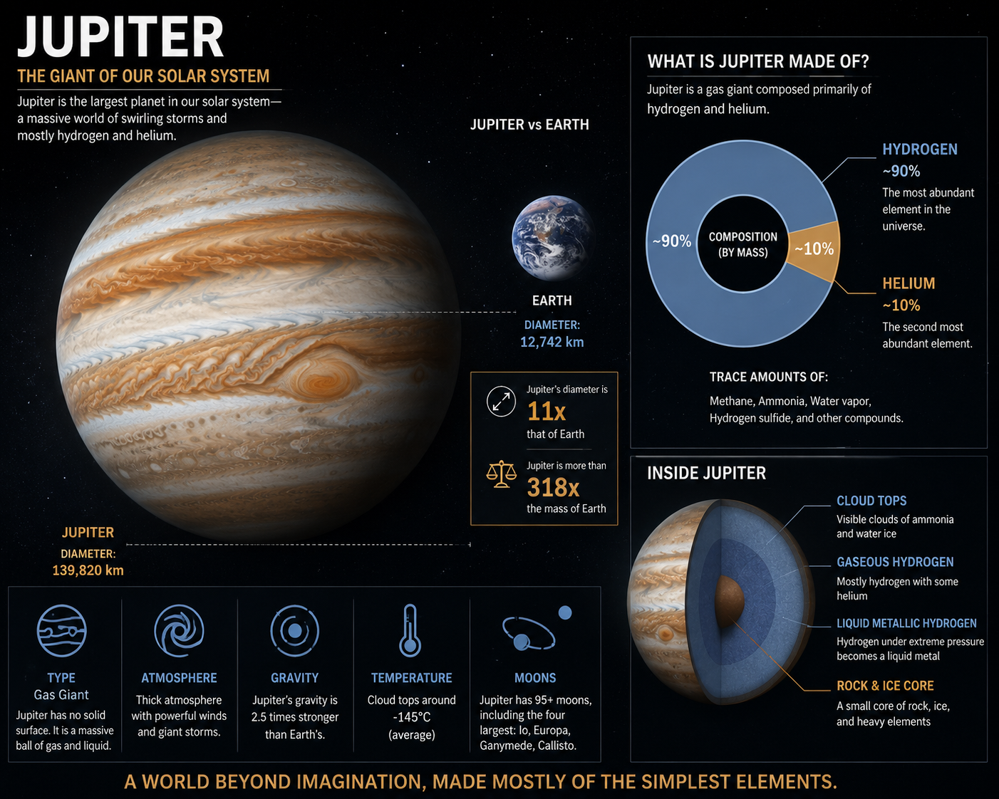Scientific illustration showing Jupiter's immense size beside Earth and highlighting its hydrogen-rich composition.