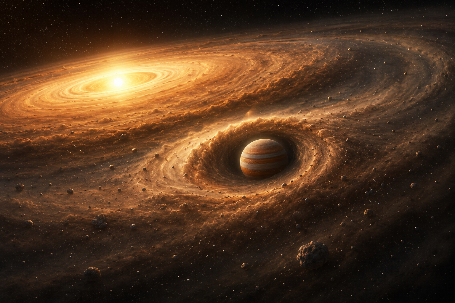 Artist's reconstruction of Jupiter forming within the protoplanetary disk surrounding the young Sun.