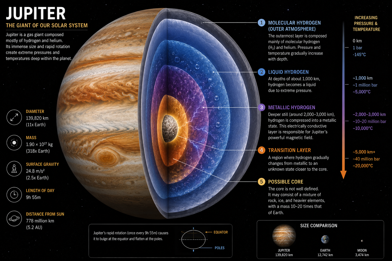 Scientific cross-sectional illustration revealing Jupiter's cloud layers, liquid hydrogen, metallic hydrogen, and possible core.