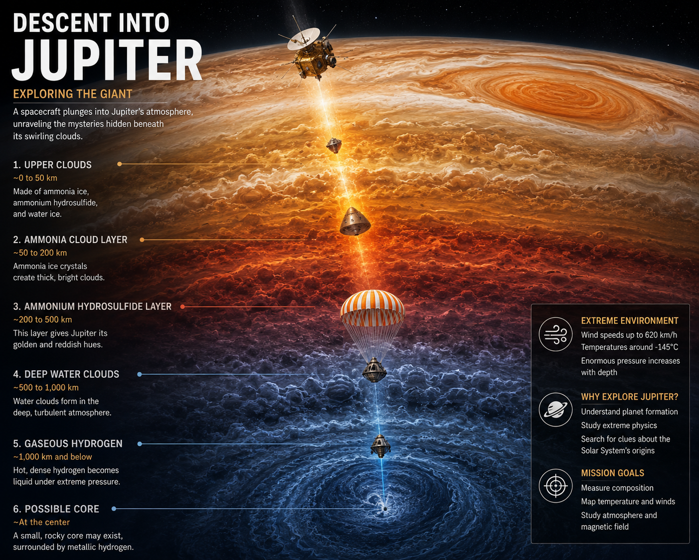 A dramatic cutaway illustration showing a spacecraft descending through Jupiter's colorful cloud layers.
