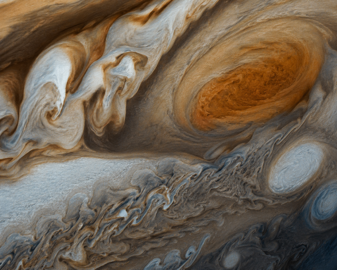 Close-up view of Jupiter's swirling cloud bands and the Great Red Spot captured by NASA's Juno spacecraft.