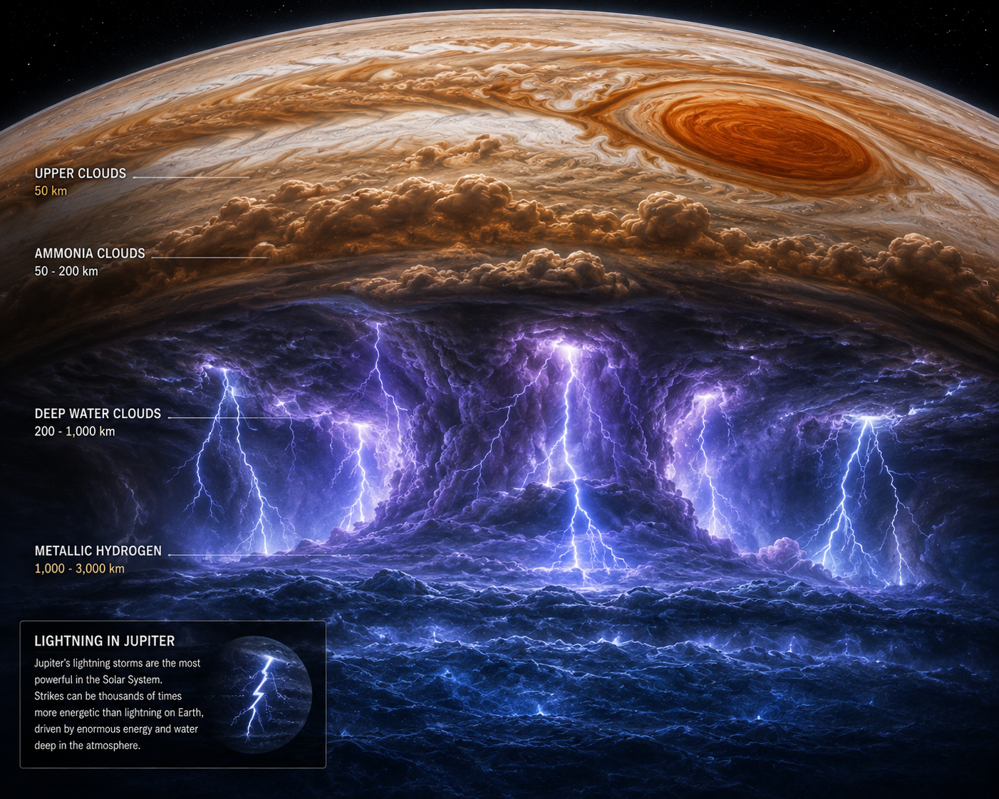 Artistic illustration of powerful lightning storms erupting deep within Jupiter's atmosphere.