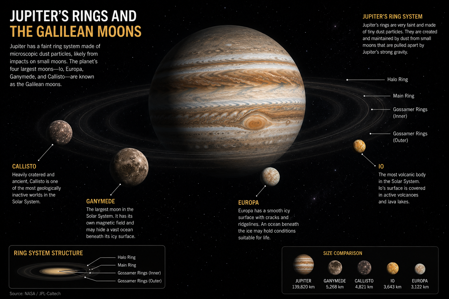 NASA illustration showing Jupiter's faint ring system with the four Galilean moons.