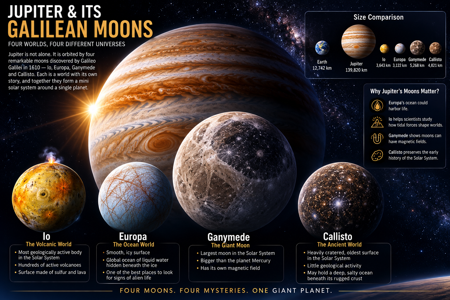 Jupiter surrounded by its four Galilean moons—Io, Europa, Ganymede, and Callisto.