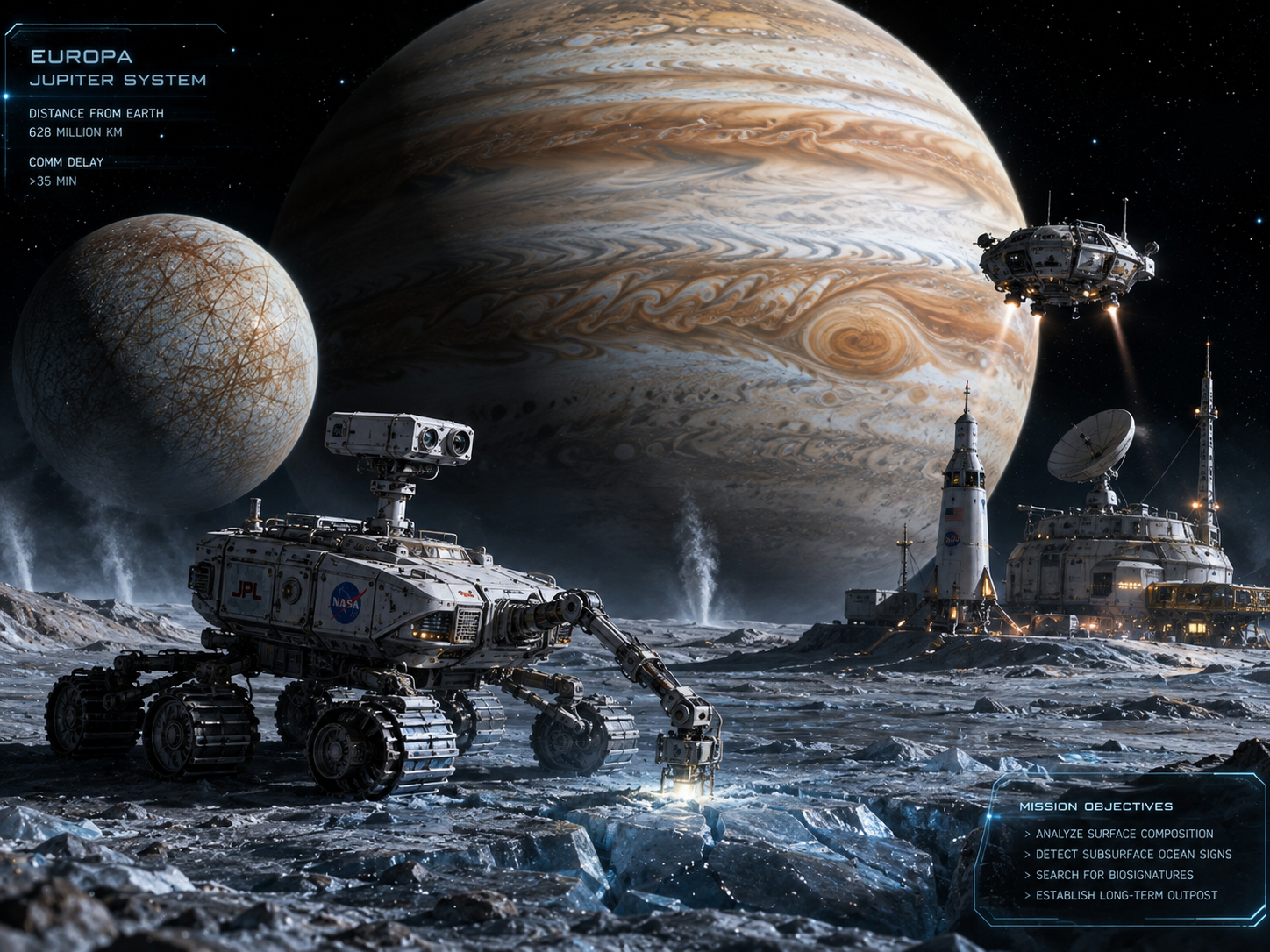 A futuristic concept showing robotic exploration near Jupiter with Europa and the giant planet dominating the background.