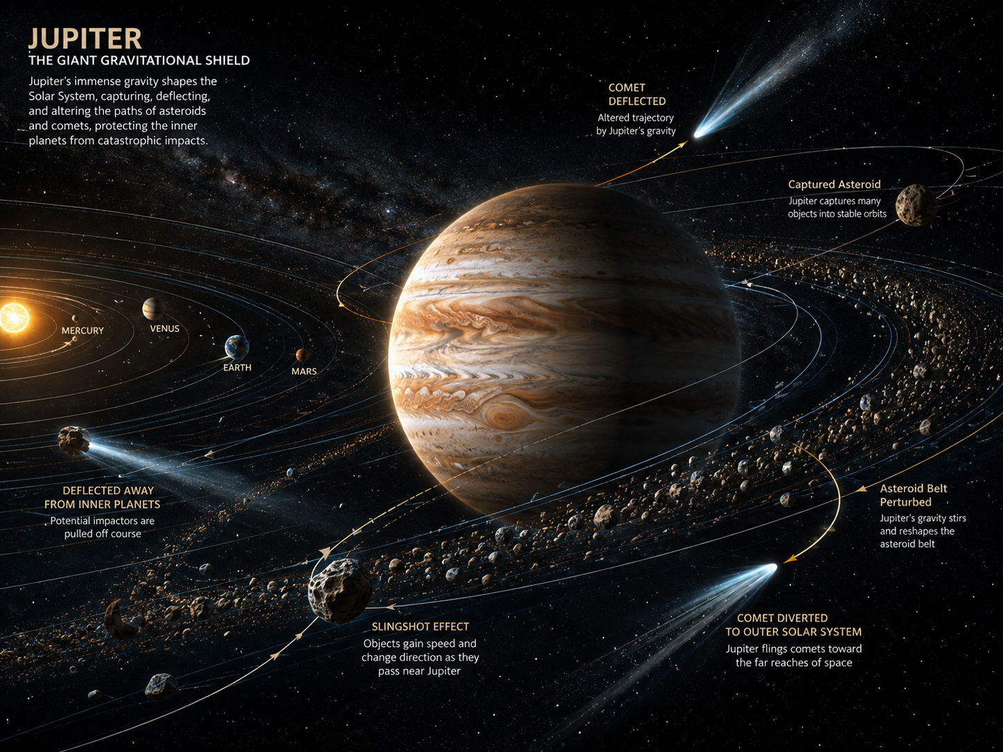 Artistic illustration of Jupiter's immense gravity influencing asteroids and comets throughout the Solar System.