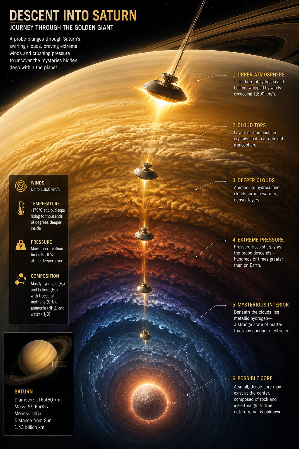 A dramatic cutaway illustration of a probe descending through Saturn's golden atmosphere toward its hidden interior.