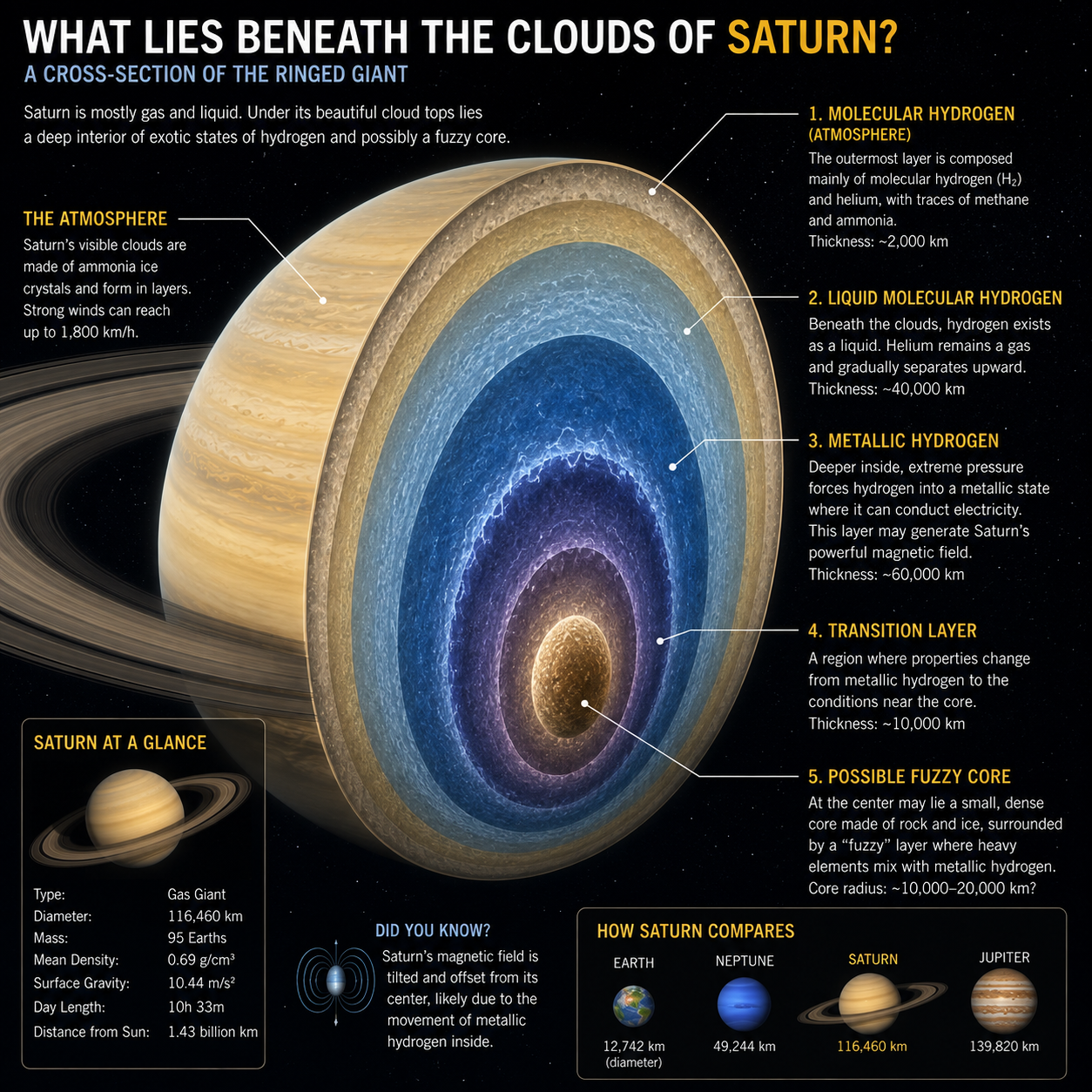 Scientific cross-sectional diagram showing Saturn's atmosphere, liquid hydrogen, metallic hydrogen, and possible fuzzy core.