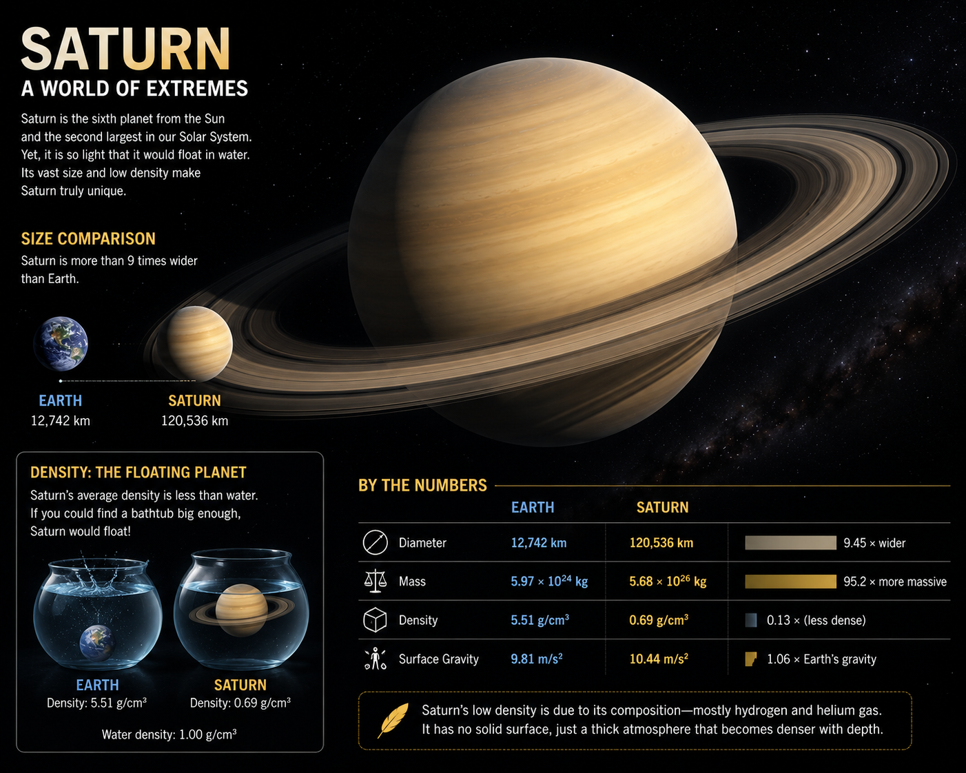 Saturn compared with Earth, highlighting its enormous size and low density.