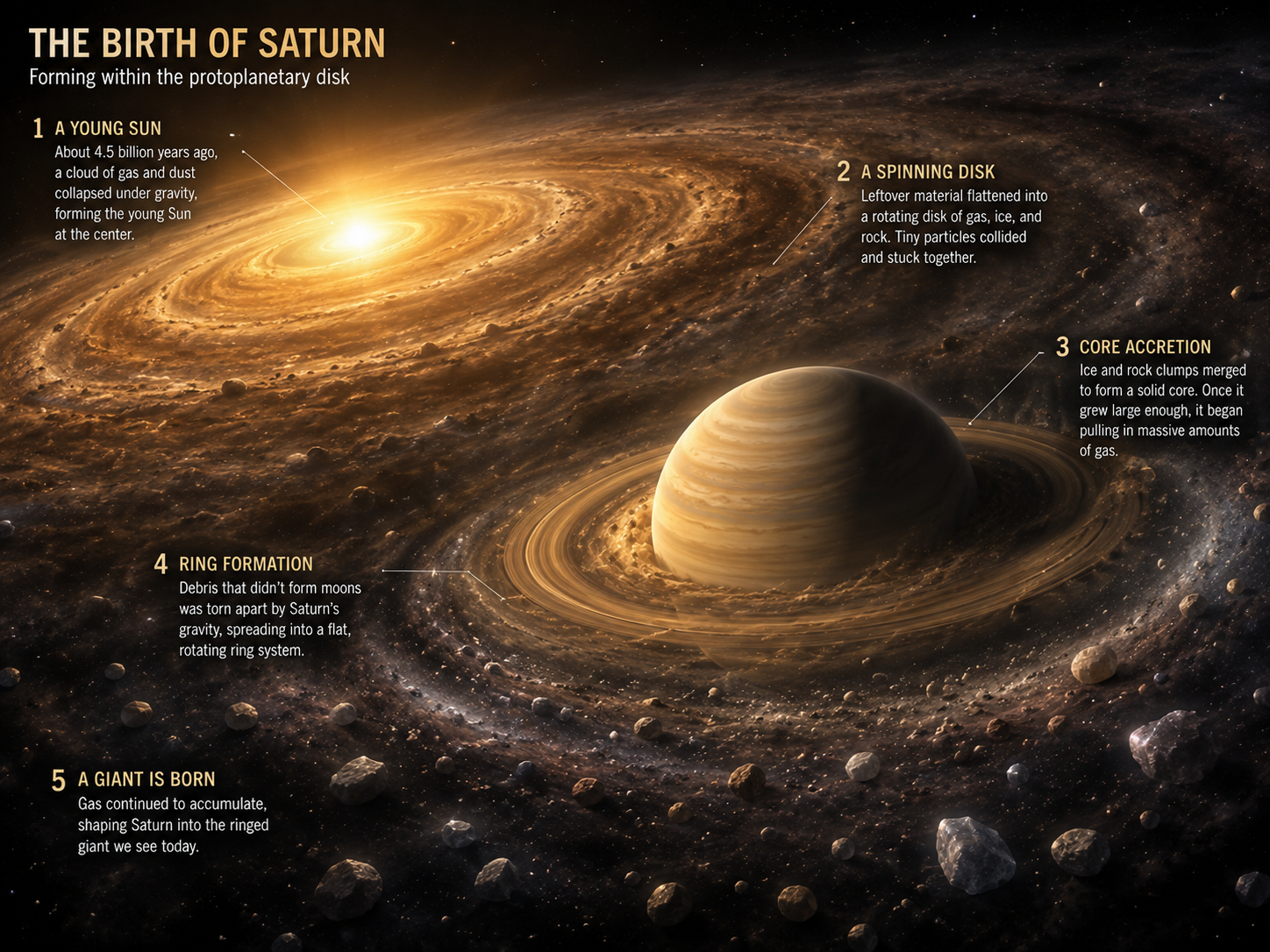 Artist's illustration of Saturn forming within the protoplanetary disk around the young Sun