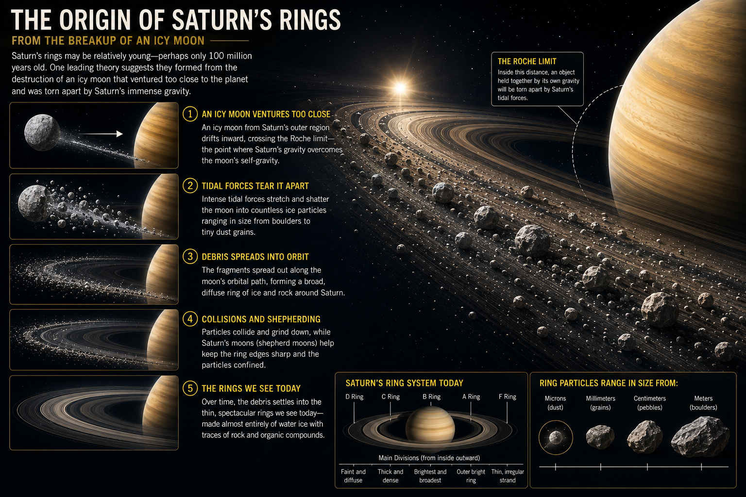 Scientific illustration showing the possible formation of Saturn's rings from the breakup of an icy moon.