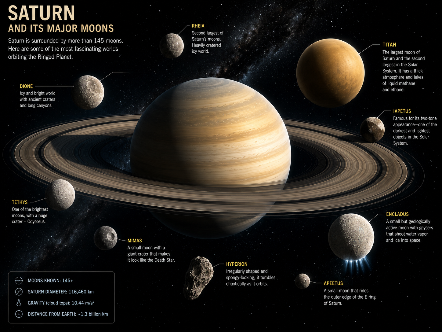Saturn surrounded by its major moons, with Titan and Enceladus prominently visible.