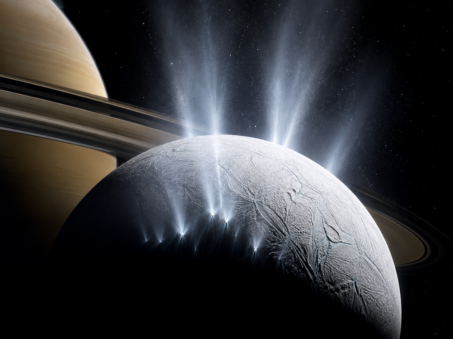 Enceladus releasing towering plumes of water ice into space, photographed against the darkness beyond Saturn.